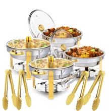 5QT 4 Packs Chafing Dish Buffet Set Gold Accent,  Round 316 Stainless Steel Buffet Warmer Chafers And Warmers Sets With Glass Lid & Lid Holder For Valentine's Day Gatherings Catering Events Parties Weddings Dinners - Nắp kính mạ vàng một phần với họa tiết hoa mai. - Xem 13