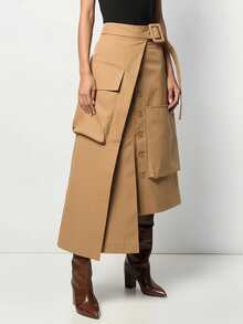 Women's Casual Solid Color Asymmetric Cargo Skirt - Khaki - View 9
