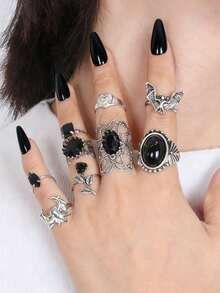 9pcs Vintage Silver Gothic Black Rose Bat Heart Vampire Stackable Rings Set (For Women) - الأسود - مشاهدة 1