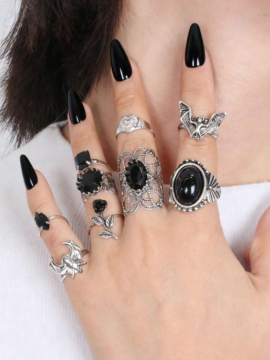 9pcs Vintage Silver Gothic Black Rose Bat Heart Vampire Stackable Rings Set (For Women) - الأسود - مشاهدة 1
