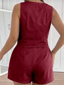 MICHLEE Women's Plus Size Set With Sleeveless Vest And Tailored Shorts - 酒紅色 - 查看 5