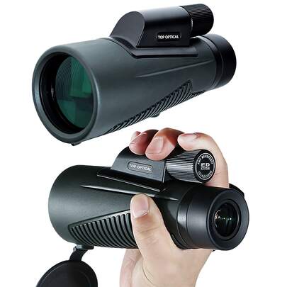 12x50mm IPX7级防水高倍单筒望远镜，成人适用，包含智能手机适配器、三脚架和旅行包，适合观鸟、狩猎、徒步旅行和露营，颜色：绿色