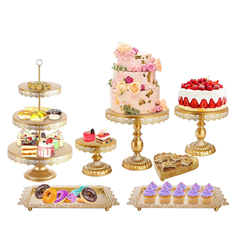 7-Piece Golden Cake Stand Set (Includes 3-Tier Stand, Heart-Shaped & Rectangular Trays) | Multi-Size Dessert Display Set (Largest 42cm) | For Weddings, Birthdays, Christmas, Afternoon Tea | Metal With Lace Embossed Design, Premium Dessert Table Serving Collection - Vàng - Xem 1