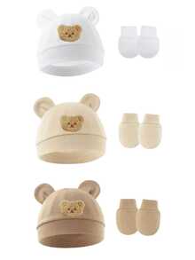 婴儿熊耳帽带防抓手套，婴儿针织帽，适合0-6个月婴儿 - 2pcs - 查看 2