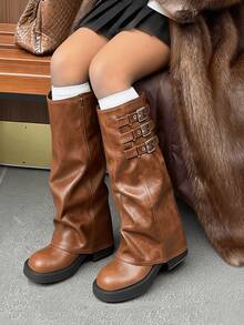 Fashion Womens Knee High Boots Round Toe Buckle Straps Slouchy Chunky Heel Boots Party Office Daily Outdoors Fall Winter Dressy Boots - PU nâu - Xem 5