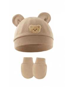 婴儿熊耳帽带防抓手套，婴儿针织帽，适合0-6个月婴儿 - 2pcs - 查看 15