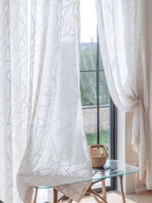 1件法式白色薄纱窗帘，带有3D浮雕叶子刺绣图案，遮光，适用于卧室、客厅、阳台 - 白色 - 查看 2