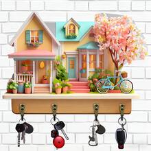 1pc Colorful Wooden House Key Holder Decor With Rabbit, Egg And Flower Patterns, Suitable For Easter Decoration, Home Decor, Key Hanging And Bathroom Use - Multicolor - View 2