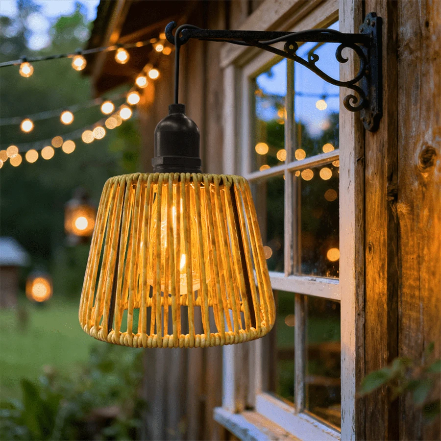 1个仿藤编织吊灯，波西米亚风格手工编织藤条吊灯罩，带定时器，电池供电，适用于卧室天花板、落地灯、台灯、厨房岛台、客厅、餐厅或卧室 - 電池盒 - 查看 1