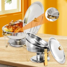 5QT 4 Packs Chafing Dish Buffet Set Gold Accent,  Round 316 Stainless Steel Buffet Warmer Chafers And Warmers Sets With Glass Lid & Lid Holder For Valentine's Day Gatherings Catering Events Parties Weddings Dinners - 半鍍金鋼蓋帶梅花夾 - 查看 8