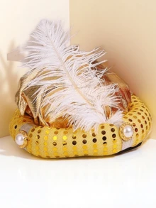 Ramadan Limited Edition! Arabic Style Gold Sequin Feather Hat, Unisex Party/Cosplay Headpiece - Gold - View 3