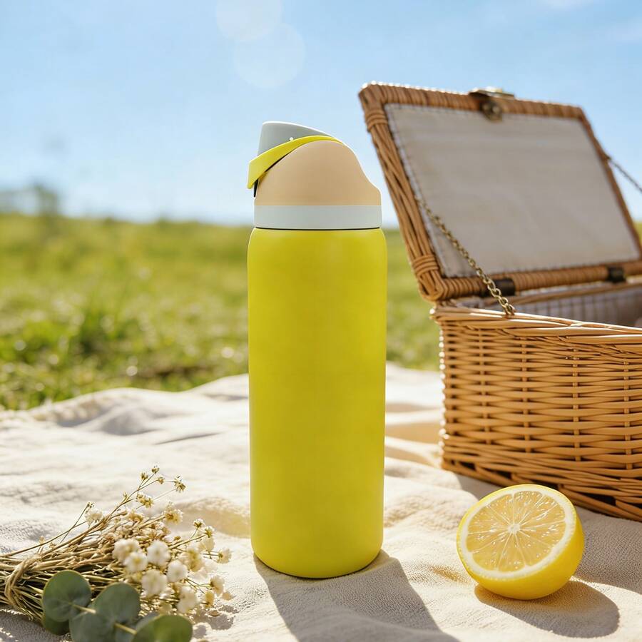 Owa Laa Lemon Yellow Large Capacity Stainless Steel Water Bottle,32oz/945ml,With A Straw,Exquisite Appearance,Keeps Drinks Hot Or Cold,Can Hold Iced Drinks And Water,Suitable For Leisure,Work,Sports,Indoors And Outdoors,Suitable For Students And Office Workers,As A Gift - 檸檬黃 - 查看 1