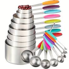 Measuring Cup And Spoon Set, Stainless Steel Measuring Cup And Spoon With Silicone Handle, Measuring Spoon Set, Graduated Measuring Cup And Spoon Combo, Suitable For Dry And Liquid Ingredients - Kitchen Supplies - Baking Tools - Multicolor - View 1