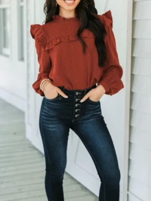 Women Long Sleeve Tops Solid Color Ruffle Loose Basic Shirt Casual Pullover For Fall Club Streetwear Aesthetic Clothes - 深棕 - 查看 4