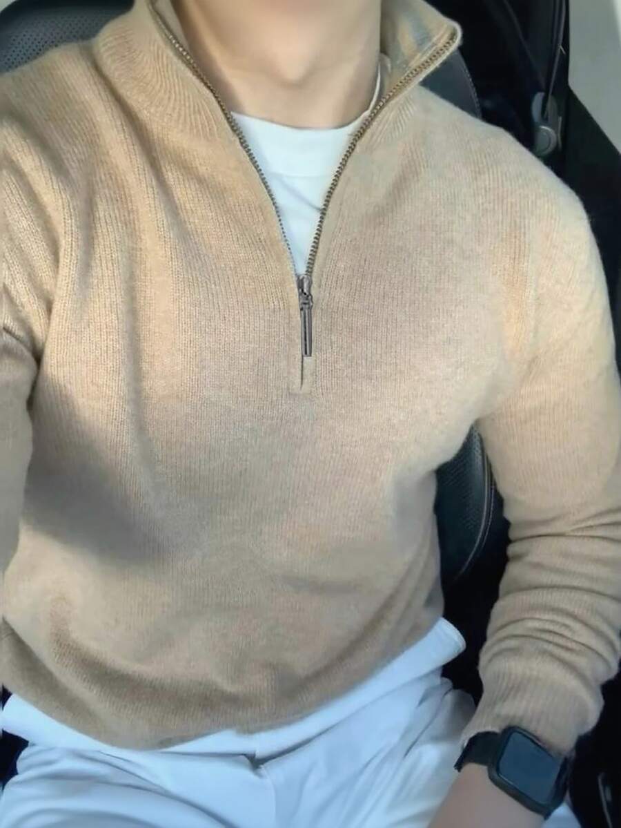 Men's Solid Color Long Sleeve Zip-Up Stand Collar Sweater, Versatile & Commuter-Friendly, Autumn/Winter - Camel - View 1