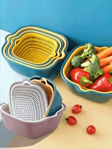 Bộ 6 rổ lọc bằng nhựa, hai lớp, thích hợp để lọc mì, rửa trái cây và rau củ, dụng cụ nhà bếp bền chắc. - S+M+L - Xem 10