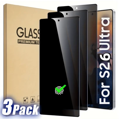 3pcs Privacy Screen Protector Film Compatible With Samsung Galaxy S26 Ultra, S25 Ultra, S24 Ultra, S26 Plus, S25 Plus, S24 Plus, S26, S25 FE, S24 FE, 9H Anti-Spy Tempered Glass With Fingerprint Unlock And Phone Case Friendly Design