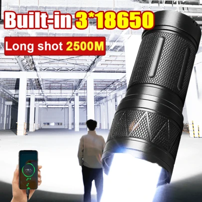 1PC Super Powerful LED Flashlight, High Lumens Ultra Bright LED Flashlight, Built-In 3-18650 Battery, Aluminum Alloy Flashlight, Outdoor Safety Lihting Tactical Torch, Telescopic Zoom, Long Range 2500M, Type-C Rechargeable, Handheld Searchlight Flashlight, For Outdoor Camping, Fishing, Hiking, Hunting, Exploration, Emergency, Gift