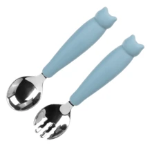 2 pezzi Set di posate in silicone e acciaio inossidabile 304 - Forchetta e cucchiaio a forma di cartone animato, facili da usare, regalo ideale per bambini, adatto per feste di bambini, compleanni o Natale - Multicolore - Visualizzare 11