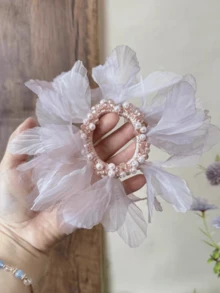 Fairy Tale Sheer Floral Petal & Pearl Beaded Hair Scrunchie, Floral Petal Hair Tie Ponytail Holder Hair Accessory For Spring/Summer - Multicolor - View 5