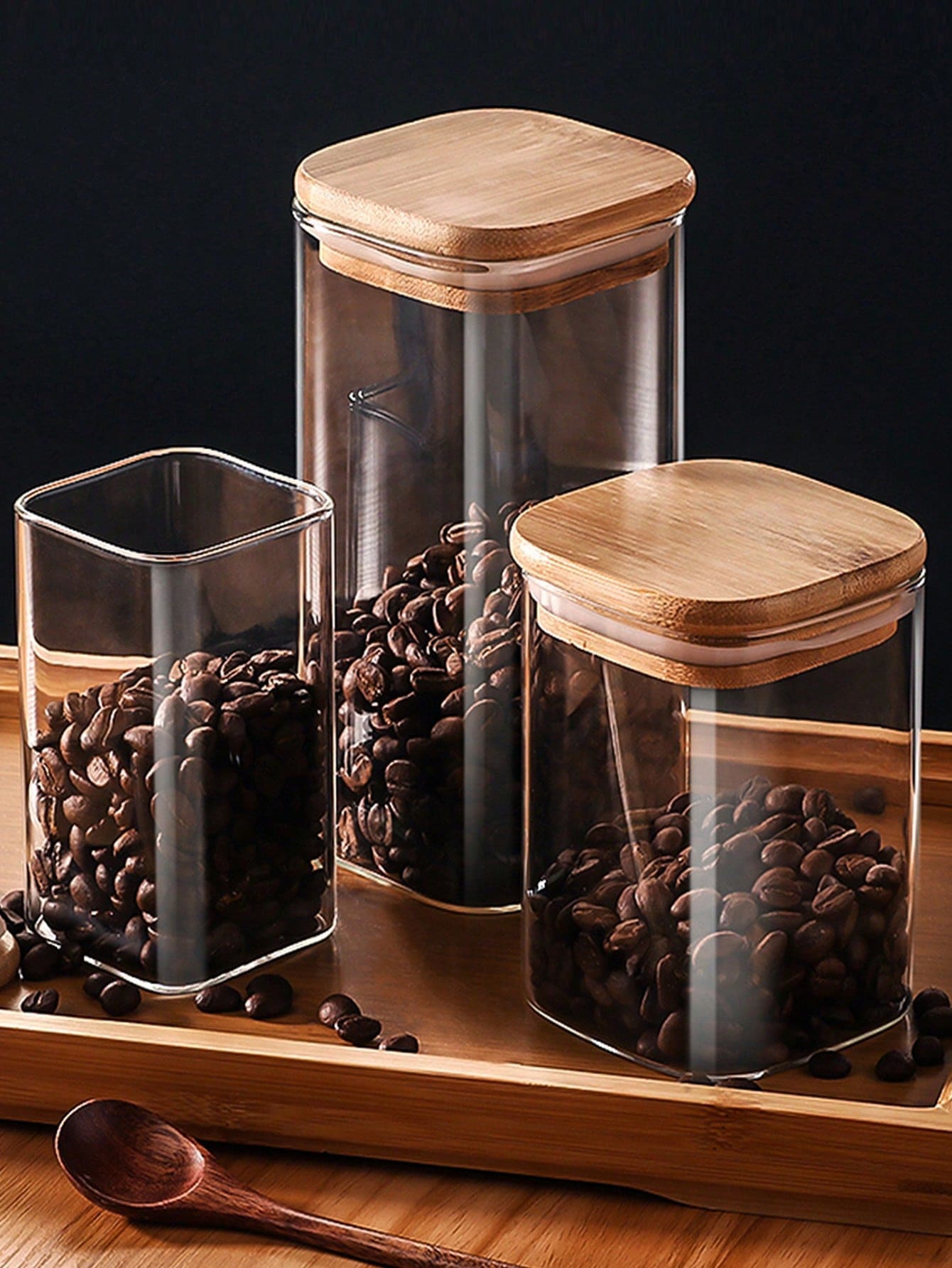 1PC Square Coffee Beans Storage Bottles Creative Sealed Glass Bottle Bamboo Lid Storage Tank Food Grains Container Can ﻿ - Clear - View 1