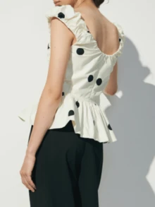 Women's Polka Dots Top Bubble Strap Sleeveless V Neck  Zip-Up Backless Elegant Shirt Ruffle Hem Going Out Blouse Top - trắng - Xem 9