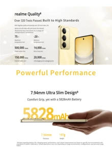 Realme Điện thoại thông minh C75 5G, mẫu mới năm 2025, 8GB+256GB, chống nước IP69 và chống sốc chuẩn quân đội, pin 5828mAh, sạc nhanh 45W, màn hình 120Hz, camera AI 50MP, Android 15, màu Đen Bão/Vàng Sét - Vàng - Xem 8