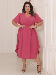 Women's Casual Midi Wrap Dress, Plus Size, Elegant, Loose Fit, Godet Sleeves, Discreet Side Slit - 玫瑰玫瑰 - 查看 1
