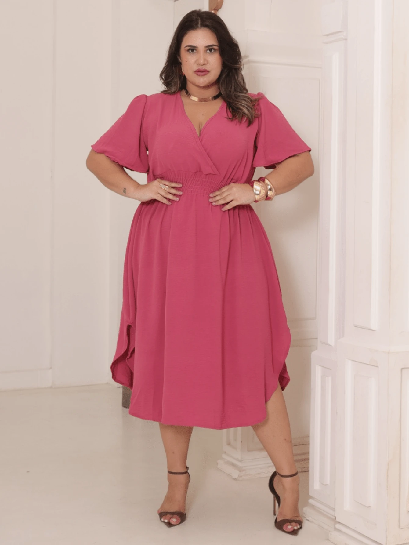 Women's Casual Midi Wrap Dress, Plus Size, Elegant, Loose Fit, Godet Sleeves, Discreet Side Slit - 玫瑰玫瑰 - 查看 1
