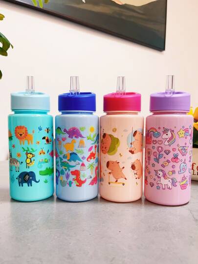 1 st 500 ml söt djur-dinosaurietema kapybara tecknad vattenmugg med sugrör, stor kapacitet bedårande mugg för utomhussporter, skola