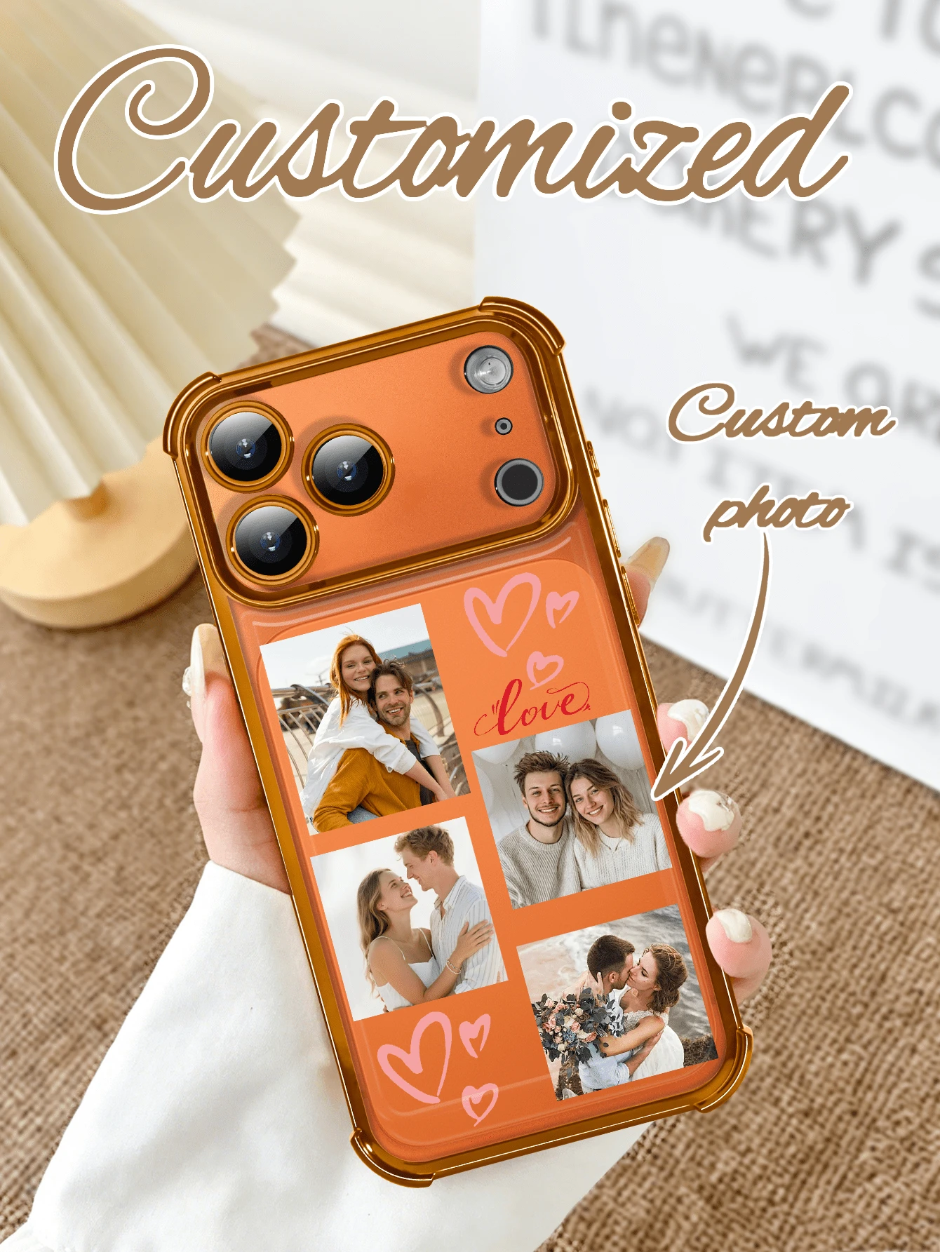 1 Personalized Valentine's Day Exclusive Love Letter Customized Photo Anti Drop Transparent Orange All Inclusive Phone Case, Compatible With IPhone 17/Air/17pro/17promax/16/16pro/16plus/16promax/15/14/13/12/11 And Other Models, Can Be Given As A Valentine's Day Gift For Couples - Orange - View 1