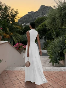 Robe de cocktail mini élégante à col rond sans manches, taille froncée, coupe slim, couleur unie élégante. Robes d'été pour femmes blanches - Blanc - Voir 5