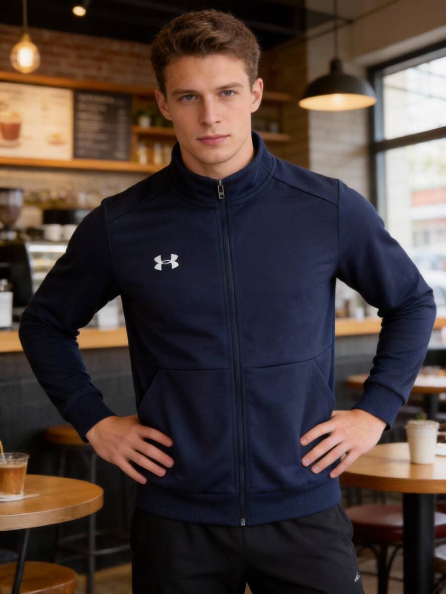 Under Armour 男士运动夹克，针织训练跑步健身休闲外套 - 藏青色 - 查看 1