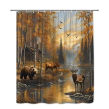 Rustic Cabin Shower Curtain With Bear And Deer, Forest Lodge Bathroom Decor - White - View 4