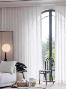 1件法式白色薄纱窗帘，带有3D浮雕叶子刺绣图案，遮光，适用于卧室、客厅、阳台 - 白色 - 查看 5