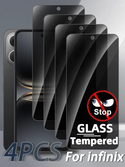 4片装高清防窥钢化玻璃屏幕保护膜，支持人脸解锁、防指纹、防爆裂、无气泡，1.5mm厚，硬质包装，适用于Infinix手机