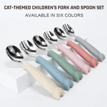 2 pezzi Set di posate in silicone e acciaio inossidabile 304 - Forchetta e cucchiaio a forma di cartone animato, facili da usare, regalo ideale per bambini, adatto per feste di bambini, compleanni o Natale - Multicolore - Visualizzare 2