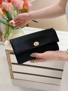 Short Women Wallet, PU Leather High-Quality Clasp Wallet - Black - View 2