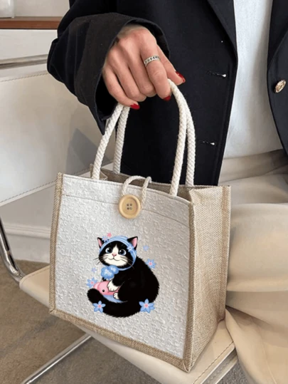 1个女士亚麻手提包，新款女士手提包，大容量手提包，纽扣封口，心形手指图案，字母装饰，可爱猫咪设计，购物袋，轻便便携女士包，可折叠，小礼物，礼品袋