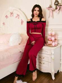 2pcs Contrast Color Lace Patchwork Long Sleeve Top & Lace Trim Pants Pajama Set - Burgundy - View 2