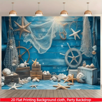 1pc 2D Flat Ocean Elements Wooden Background Banner, Polyester Fabric Banner, Suitable For Home Decor, Room Decor, Wall Decor, Party Backdrop, Party Supplies/Gift Decor Backdrop, Photo Booth Props, Holiday Decor, Holiday Party Supplies