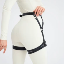 Black PU Leather Thigh-High Garter Belt - Women's Adjustable Thigh Strap With Rings, Perfect For Nightclub Outfits - Black - View 6