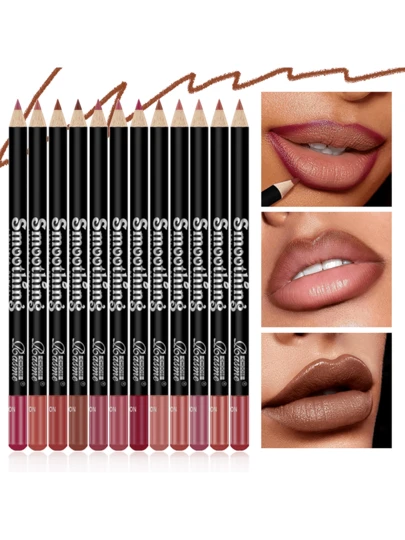 Set de 12 lápices delineadores de labios mate de terciopelo, lápices de maquillaje de labios de alta pigmentación y suaves