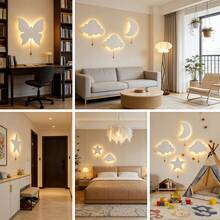 1pc/2pcs Children LED Cloud Shaped Wall Lamp Night Light, Floating Night Light With Chain, Multiple Patterns Available Such As Butterfly, Star, Moon, Soft Yellow Light, Suitable For Baby Room, Boys/Girls Room, Kids Bedside Lamp (Batteries Not Included) - Battery Model - View 5