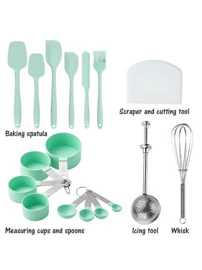 17pcs/Set Baking Tools Kit, Cake Baking Utensils Set Including Large Scraper, Small Scraper, Large Spatula, Small Spatula, Long Icing Smoother, Basting Brush, Measuring Cup And Spoon For Powder And Liquid, Whisk For Mixing Eggs And Whipping Egg Whites, Dusting Wand For Powdered Sugar, Plastic Dough Scraper For Kneading, Cutting Dough And Dusting Flour, Kitchen Essentials