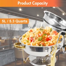 5QT 4 Packs Chafing Dish Buffet Set Gold Accent,  Round 316 Stainless Steel Buffet Warmer Chafers And Warmers Sets With Glass Lid & Lid Holder For Valentine's Day Gatherings Catering Events Parties Weddings Dinners - 半鍍金鋼蓋帶梅花夾 - 查看 4