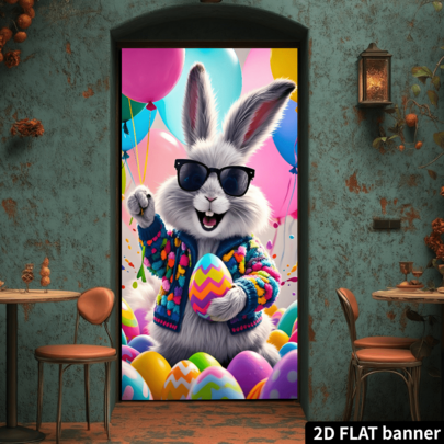 2D Easter Themed Greeting Board, With Two Rabbits And Colorful Eggs, 2D Door Cover For Home And Kitchen Decor, Wall