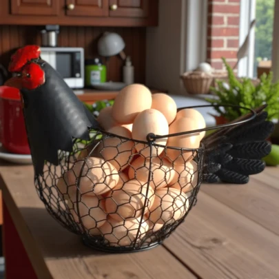 Large Capacity Egg Collecting Basket, Metal Wire Egg Basket With Handle, Farmhouse Chicken Decor, Country Black Rooster Shaped Bowl Stand Holder, Suitable For Home Kitchen Decor