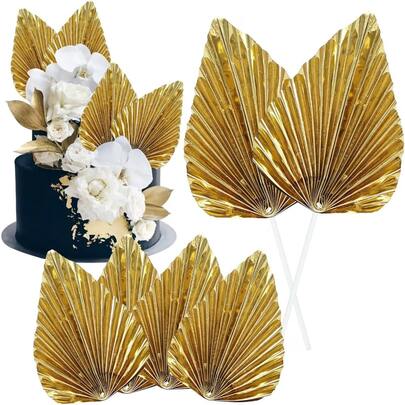 4pcs Elegant Gold Palm Leaf Cake Toppers With Flowers - Light Gold Plastic Cake Picks, Suitable For Birthday, Wedding And Party Decorations, Cake Decorating Supplies