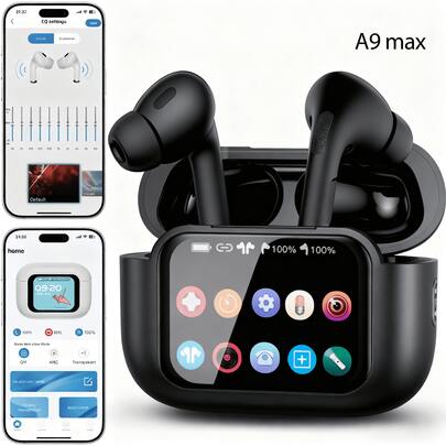 Auriculares Bluetooth A9 Max con pantalla táctil, cancelación activa de ruido + cancelación de ruido, pantalla táctil LED multicolor de control multifunción, auriculares inalámbricos (Negro)